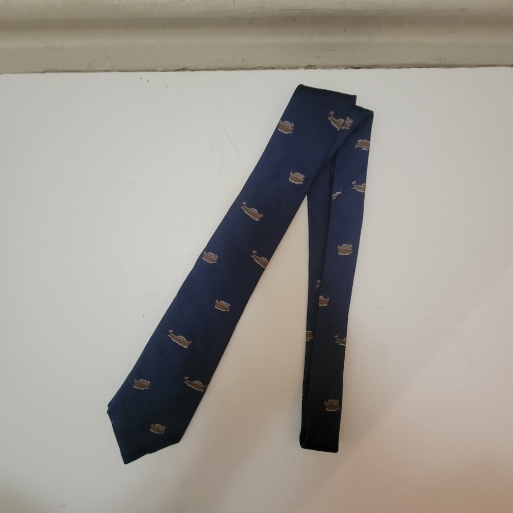 Vintage Hickey Freeman Silk Navy Blue Tie with Boat Accents EUC Nautical Classic